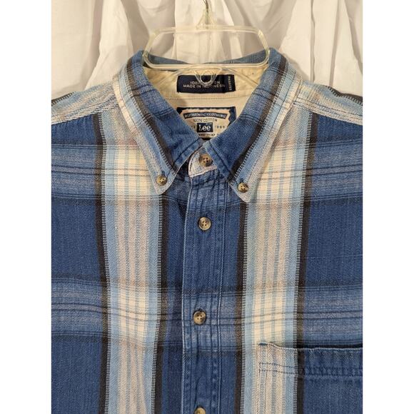 Lee Blue/Ivory Plaid Cotton Button Up Long Sleeve 1 Pocket Vintage Size Large - Picture 2 of 12